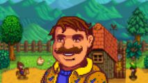 Stardew Valley Gus on a farm background