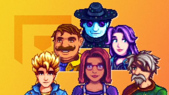 A collection of Stardew Valley characters portraits on a yellow PT background