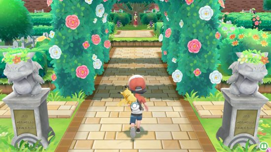 Switch games for kids Pokemon Lets Go: a trainer and a Pikachu in a garden
