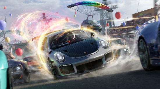 Ace Racer release date - a car racing along a track with balloons and parachutes behind it