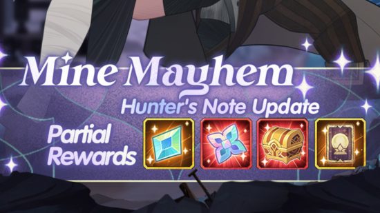 AFK Arena Mine Mayhem: A graphic from AFK Arena reading 'Mine Mayhem Hunter's Note Update Partial Rewards' and showing pictures of emblem choice chests, elemental cores and shards, and summon tickets.