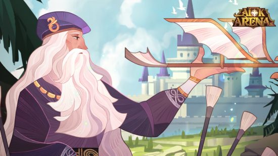 AFK Arena Mine Mayhem: AFK Arena art of Leonardo Da Vinci with a long white beard and long white hair sat in front of a castle holding one of his creations, a glider made of paper and wood.