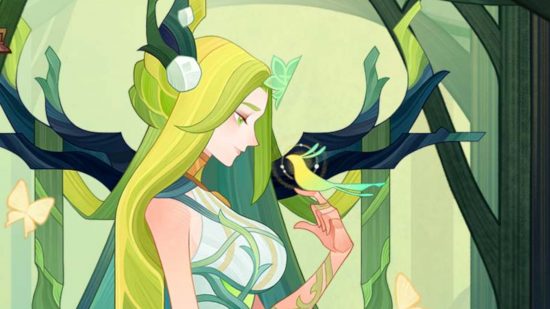 AFK Arena Mine Mayhem: AFK Arena art of Nevanthi the Green Lady, with long green hair and a white and green dress, holding a small green bird on her finger. There is a tree behind her.