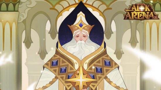 AFK Arena Mine Mayhem: AFK Arena art of Palmer, an archbishop with long white hair and a long white beard, wearing detailed robes with gold and blue accents.