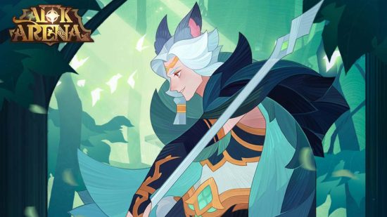 AFK Arena Mine Mayhem: AFK Arena art of Eorin, a white haired cat man wearing a flowing cape made of green leaves and green and white armour edged with gold.