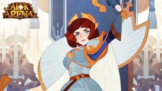AFK Arena Mine Mayhem: AFK Arena art of Joan of Arc, a white female knight with short chestnut brown hair wearing a gold wreath crown and silver-blue armour with gold accents.