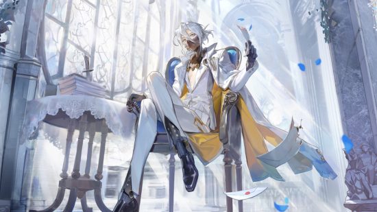 Alchemy Stars tier list: Art of an Alchemy Stars character wearing a white suit sat at a table.