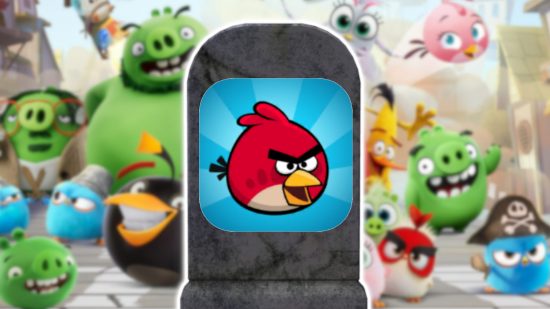 Angry Birds removed from Google Play: The Rovio Classics: Angry Birds app icon on a gravestone that is outlined in white and pasted on a blurred Angry Birds background featuring a range of characters from the games and movies.