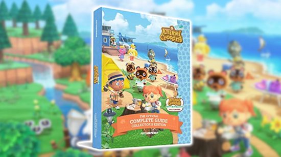 Animal Crossing New Horizons complete guide: A picture of the complete guidebook on a blurred ACNH background.