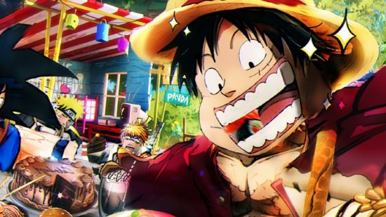 Anime Dimensions codes - Luffy from One Piece eating a massive feast