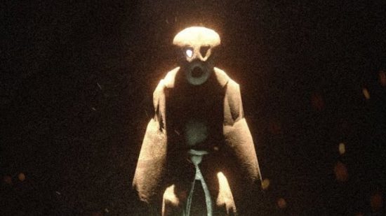 Apeirophobia Roblox creature in a grainy, almost film-like picture from the game. The creature has white limbs, mishapen, and a white head like a gas mask plus a mushroom, but extra spooky. It's torso an d thighs are either invisible or too dark so they blend in with the darkness of the image.