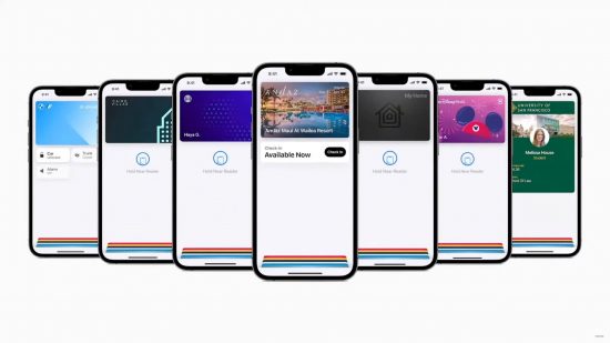 Apple iPhone subscription -- multiple iPhones lined up horizontally showing various virtual credit cards on their screens.
