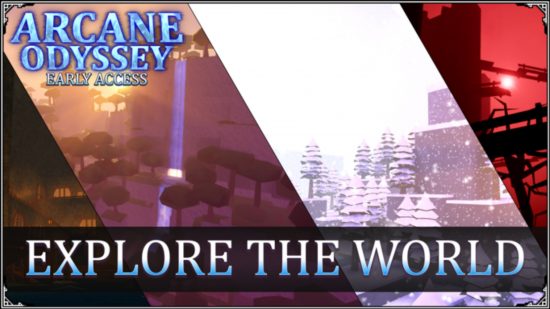 Arcane Odyssey codes key art featuring various in-game shots