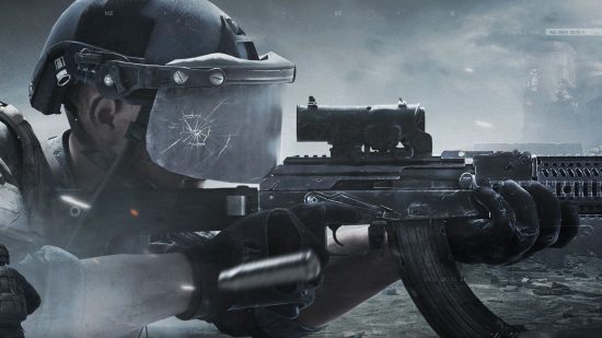 Arena Breakout closed beta posters showing the side of a soldier with a large black helmet and gun pointed forward to the right in a haze of smoke.