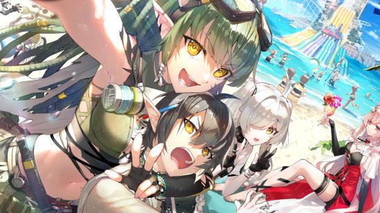 Arknights tier list: Several Arknights characters hanging out at a water park/beach and taking a selfie. One character with long green hair, yellow eyes, elf ears, and goggles on their head is holding another character with brown hair, yellow eyes, and elf ears in a choke hold and doing a peace sign.