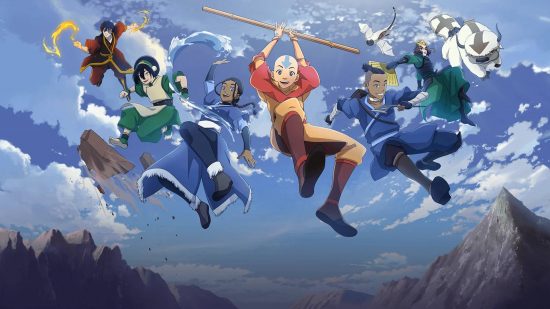 Avatar Generations codes: key art for the game Avatar Generations shows the cast of Avatar the last Airbender leaping into the air in a joyful pose