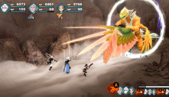 Best Apple Arcade games: Fantasian. Image shows a party of adventurers fighting a large bid in a screenshot from the game.