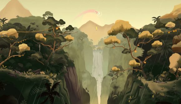Best Apple Arcade games: Gibbon: Beyond the Trees. Image shows a Gibbon swinging though the trees near a waterfall and trees.