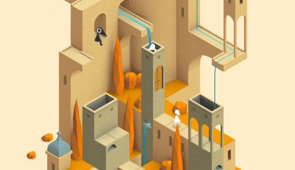Best Apple Arcade games: Monument Valley. Image shows a character navigating a sprawling structure, seen from an isometric perspective.