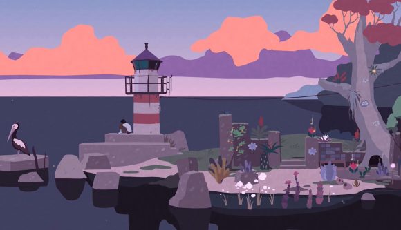 Best Apple Arcade games: Mutazione. Image shows a character sitting beside a secluded lighthouse in a screenshot from the game.