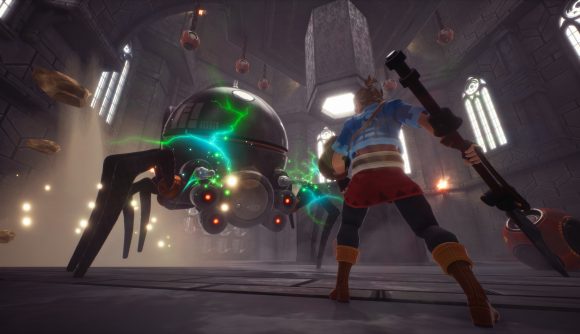 Best Apple Arcade games: Oceanhorn 2. Image shows a warrior preparing to fight a giant metallic spider in a screenshot from the game.