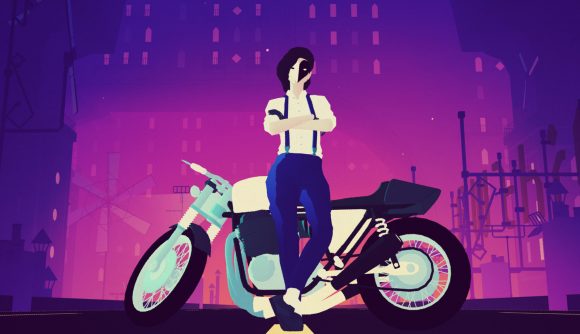 Best Apple Arcade games: Sayonara Wild Hearts. Image shows a mysterious figure leaning against a motorcycle at night.