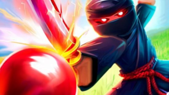 Screenshot of Blade Ball key art with a Ninja hitting a ball for best Roblox games guide