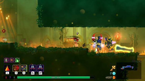 Best roguelike games: a acreenshot from Dead Cells shows the main character exploring a dungeon and cutting down enemies with a sword