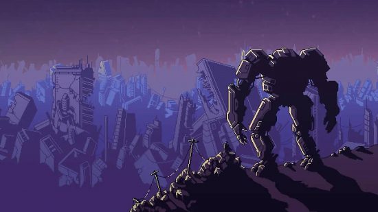 Best roguelike games: key art or the game Into The Breach shows a giant robot looking over a dystopian purple future world