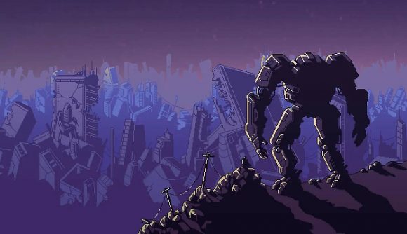 Best roguelike games: key art or the game Into The Breach shows a giant robot looking over a dystopian purple future world