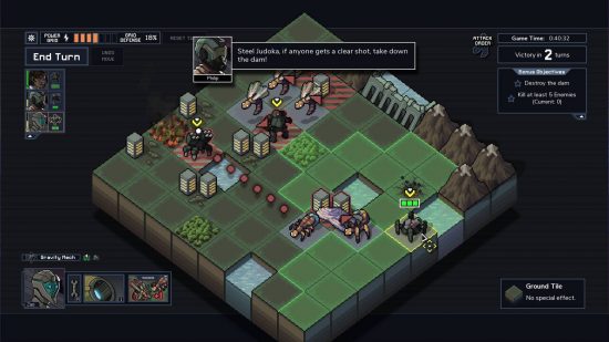 Best roguelike games: an isometric view shows a grid-based level, with several robots locked in combat with giant bugs