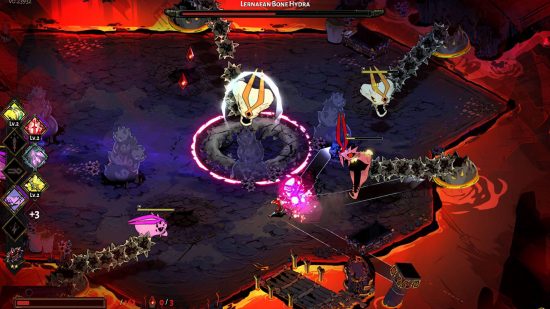 Best roguelike games: a screenshot from Hades shows Zagreus locked in combat with a large skelton serpent