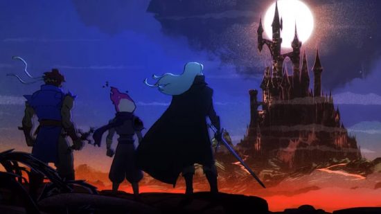 Best roguelike games: key art from Dead Cells shows the headless protagonist standing on a cliff edge with characters from Castlevania