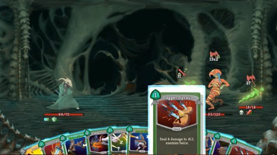 Best roguelike games: a screenshot from Slay The Spire shows a deck of cards in the foreground, and a n RPG battle in the background