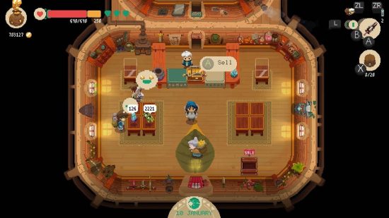 Best roguelike games: a screenshot from Moonlighter shows an RPG character running a small pixelated shop