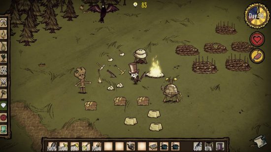 Best roguelike games: a Tim Burton-esque scene shows a character gathering resources to build a settlement