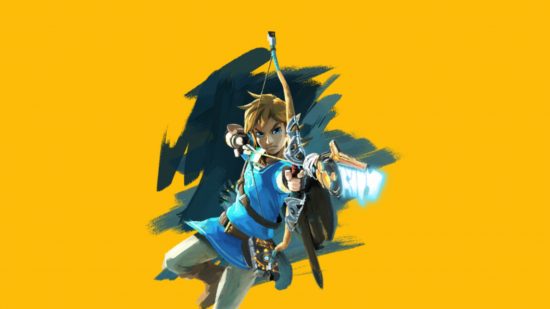 Art of Link from The Legend of Zelda: Breath of the Wild umping in the air and firing a bow and arrow with a glowing tip on a mango yellow background.