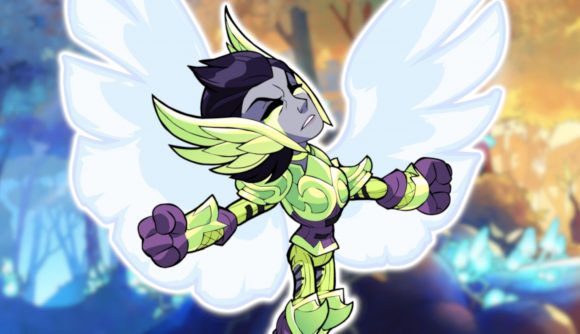 Brawlhalla increased accessibility: A green and purple toned valkyrie angel character from Brawlhalla with wings outstretched, outlined in white and pasted on a blurred background of a forest with glowing mushrooms.