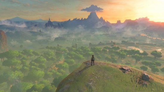 Breath of the Wild wallpaper: Link looks over a cliff edge to Hyrule