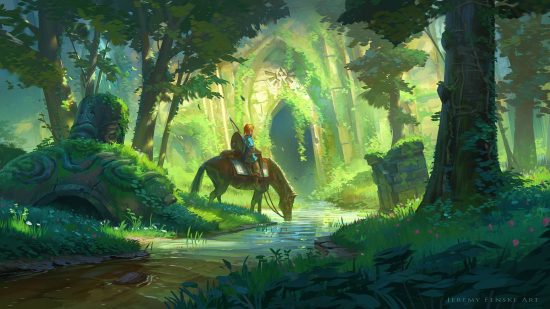 Tapeta Breath of the Wild: Link pojawia się na koniu, podczas gdy koń pije wodę ze strumienia 
