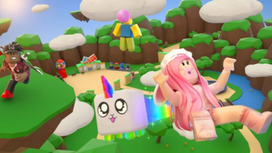 Key art for Bubble Gum Simulator codes with a unicorn flying across the screen