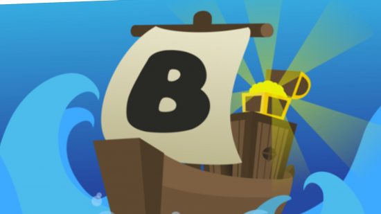 Build a Boat for Treasure codes - a cartoon boat against a blue background gliding through blue seas. Its sail has a large b on it and there's a treasure chest on its back too, shining gold.