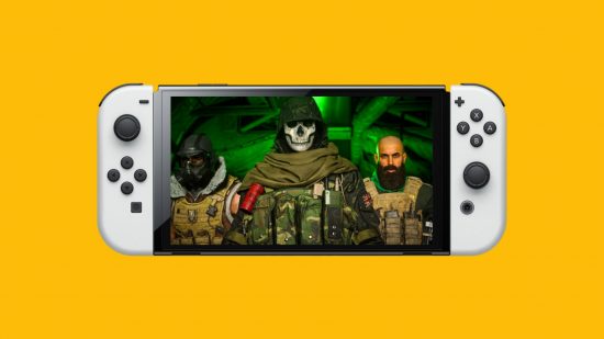 Call of Duty Switch mockup showing a Nintendo Switch OLED Model flat, with two white joy cons attached, superimposed onto a mango yellow background, with art from the game appearing on the screen. In the shot are three men in military gear. In the middle, man with a hood and skull mask. On the eft, a man with a helmet, and on the right, a bald man with a large brown beard. They are standing in an aircraft.