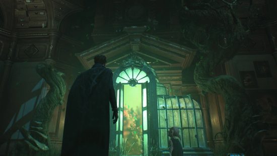 can you be evil in Hogwarts Legacy - a player character and a house elf approaching a green lit door