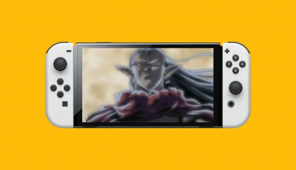 Chrono Trigger Switch mockup showing a Nintendo Switch OLED Model flat, with two white joy cons attached, superimposed onto a mango yellow background, with art from the game appearing on the screen. In the art is a man with pale skin and pointed ears, long white hair blowing in the wind, and a red shawl billowing, in a close up of his face and shoulders against a cloudy grey sky.