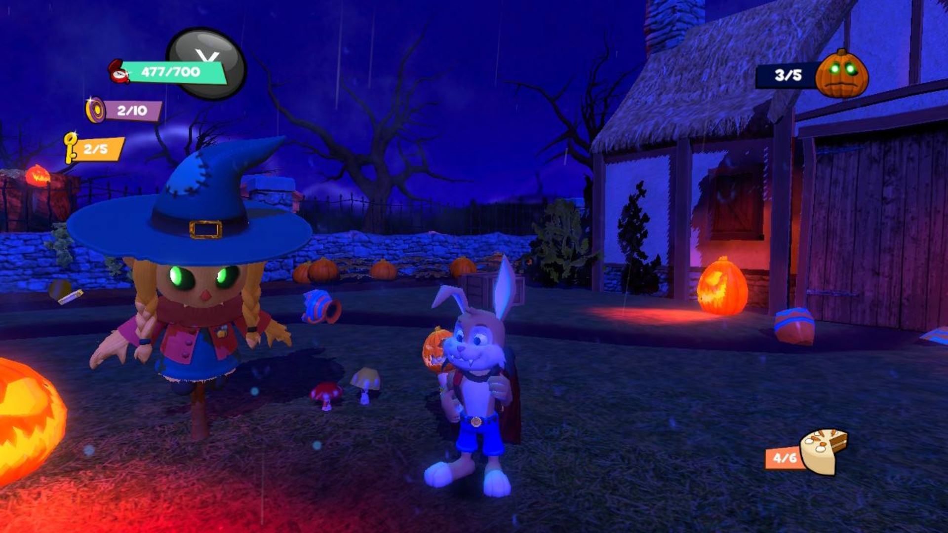 Clive 'N' Wrench review image showing the duo by a scarecrow character in a spooky location.