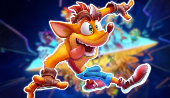 Crash Bandicoot games: Crash from It's About Time looking crazy, outlined in white and pasted on a blurred background.