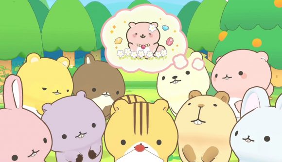Cuddly Forest Friends Switch release: All nine of the forest animals gathered around in the forst thinking about a cute pink hamster with decorations on them.
