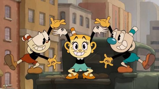 Cuphead Ms Chalice: a screenshot from The Cuphead Show shows Cuphead, Ms Chalice, and Mugman stood in a line, celebrating