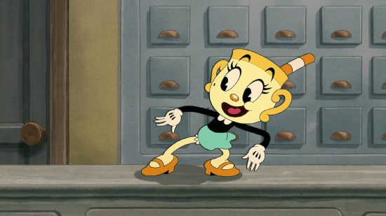 Cuphead Ms Chalice: a screenshot from The Cuphead Show shows Ms Chalice, leaning and striking a pose